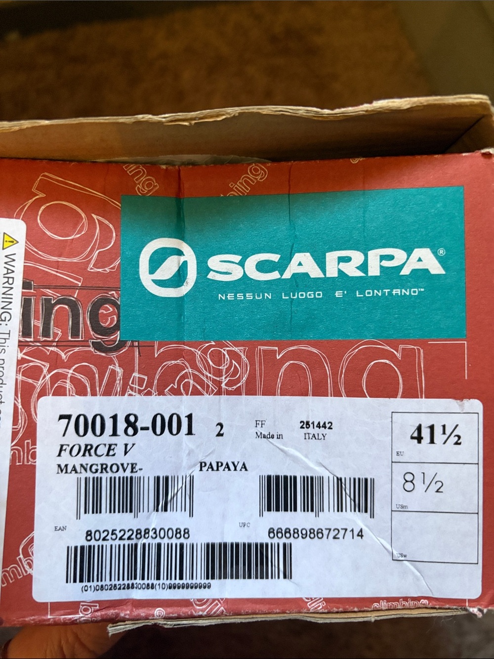 Scarpa Force V Mangrove/Papaya Climbing Shoes Men’s Size 8.5